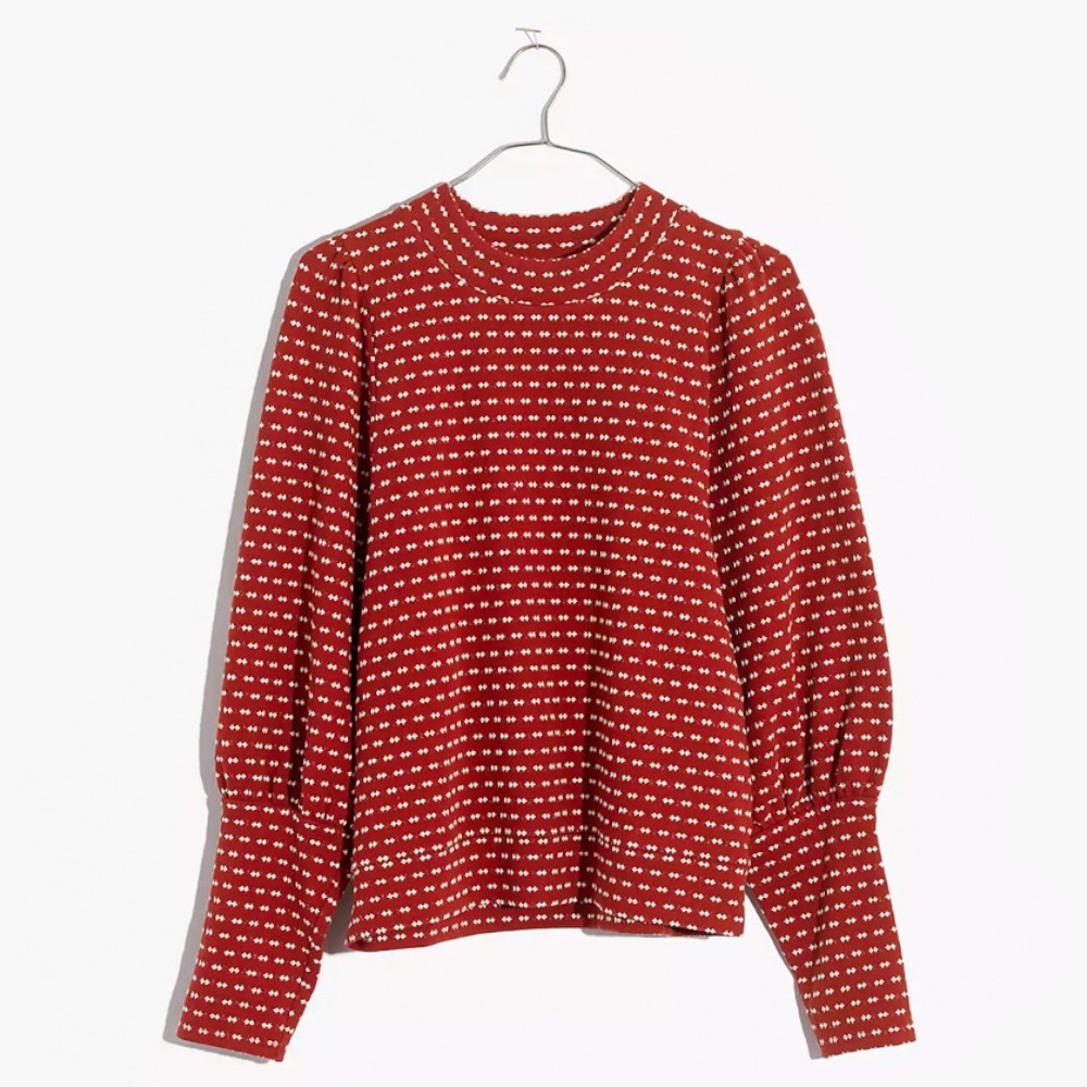 Madewell Red Puff-Sleeve Mockneck Top in Bow-Tie Jacquard M
